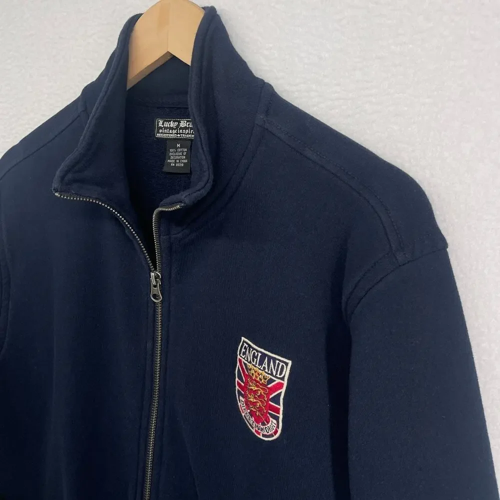LUCKY BRAND Jacket Mens M ENGLAND 57 Crest Patch Track Terry Full Zip Blue Vtg